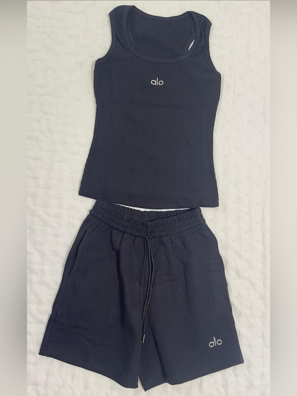 Alo Black Ribbed Tank and Shorts Set